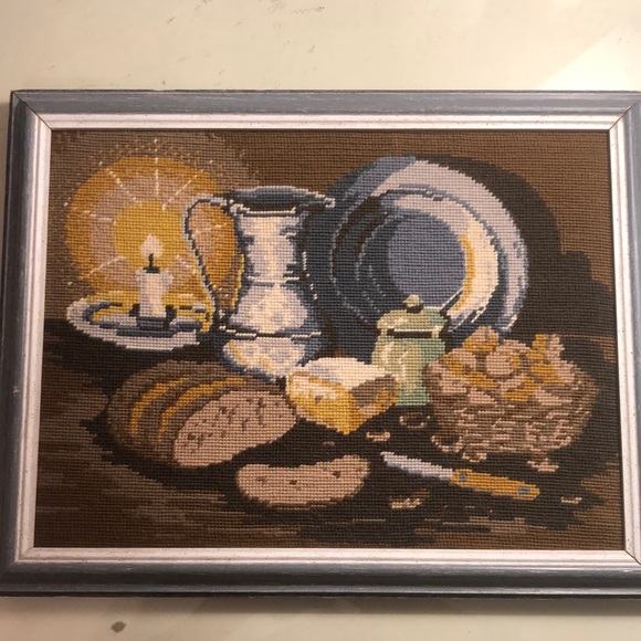 Tapestry Needlepoint still life/bread/cheese/lighted candle/peuter pitcher&plate - Picture 1 of 12